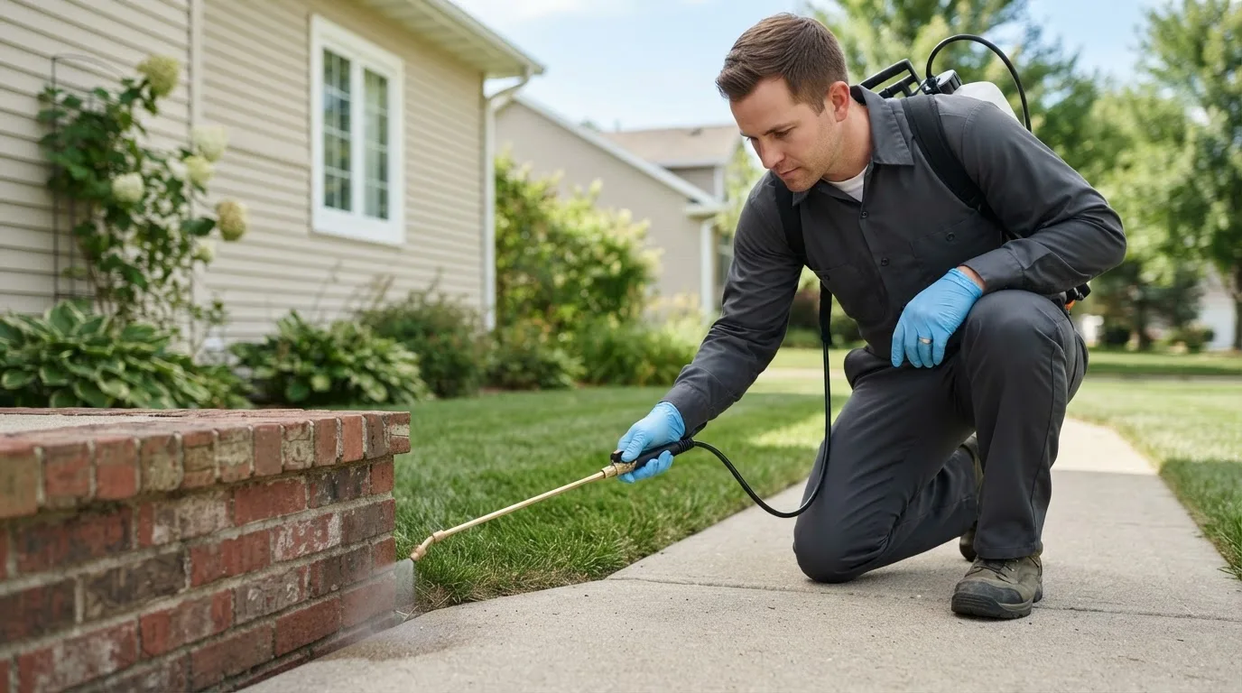 Pest control technician treating a home near Arnold, MO